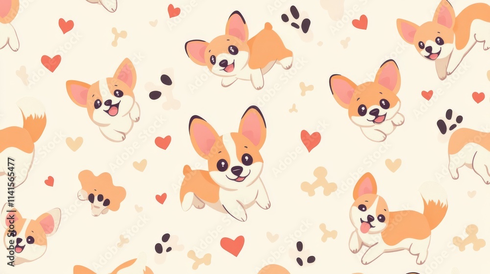 56.Seamless pattern featuring cartoon corgis in various playful poses on a light pastel background; cute corgis with round eyes and fluffy tails, some running, others sitting or sleeping; pattern 56.Seamless pattern featuring cartoon corgis in various playful poses on a light pastel background; cute corgis with round eyes and fluffy tails, some running, others sitting or sleeping; pattern