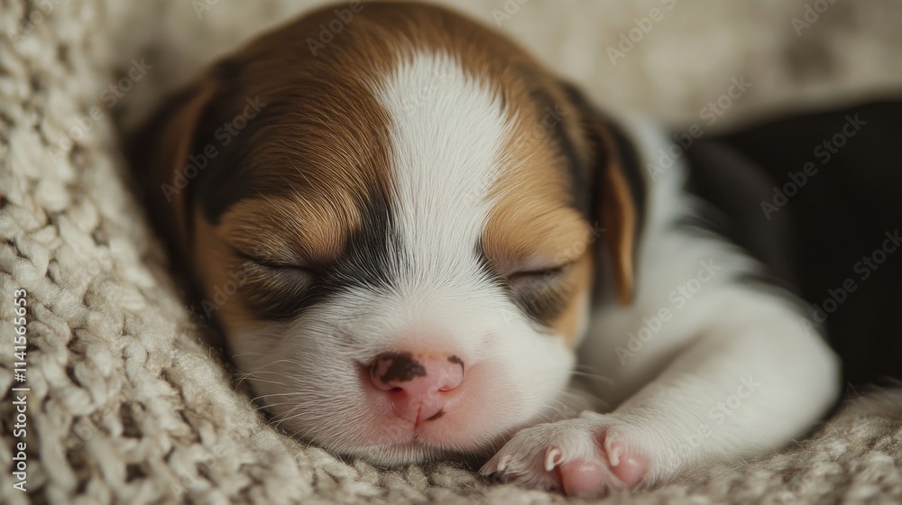 19.Close-up portrait of a single newborn beagle puppy sleeping peacefully; tiny paws tucked in, eyes closed, and ears slightly folded; gentle lighting accentuates the soft fur and delicate features 19.Close-up portrait of a single newborn beagle puppy sleeping peacefully; tiny paws tucked in, eyes closed, and ears slightly folded; gentle lighting accentuates the soft fur and delicate features