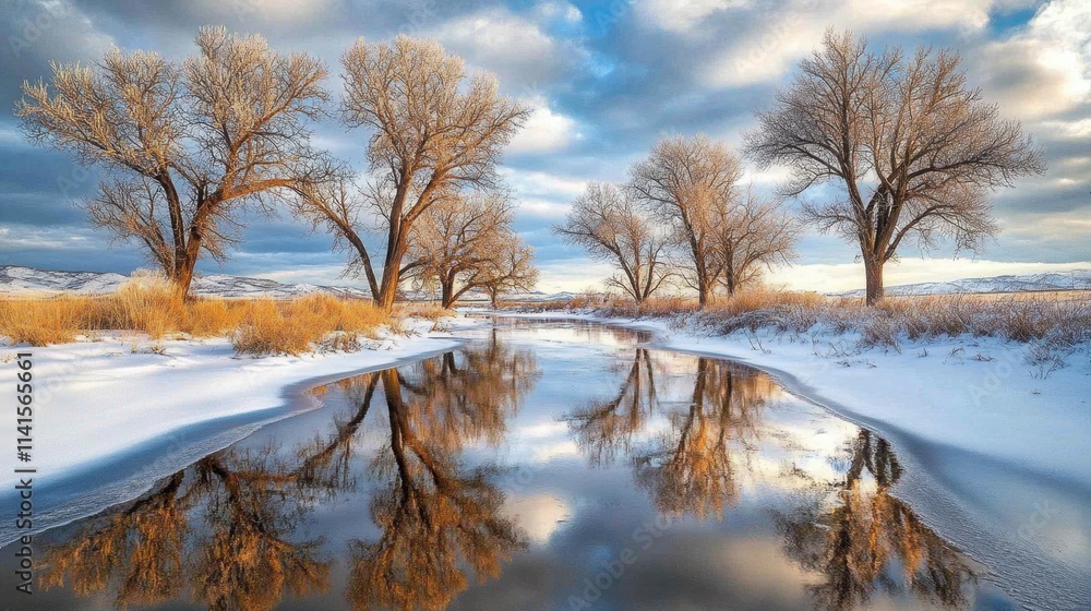 Winter Landscape with Serenity in Snowy River and Bare Trees Winter Landscape with Serenity in Snowy River and Bare Trees