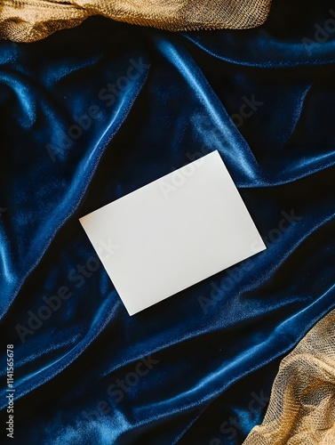 An empty white card lying on a plush, deep navy velvet surface with golden thread accents nearby.  photo