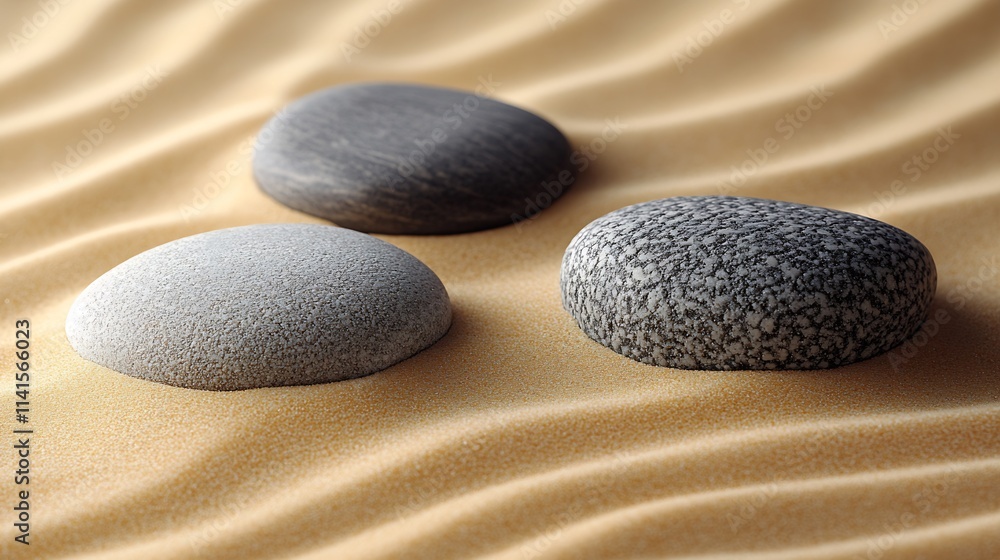 Three Zen Stones in Balance on Desert Sand for Tranquility and Peaceful Meditation : Generative AI Three Zen Stones in Balance on Desert Sand for Tranquility and Peaceful Meditation : Generative AI
