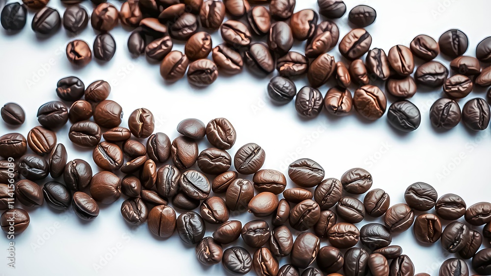 Aromatic Roasted Coffee Beans Arranged in a Wavy Pattern on a White Background Aromatic Roasted Coffee Beans Arranged in a Wavy Pattern on a White Background