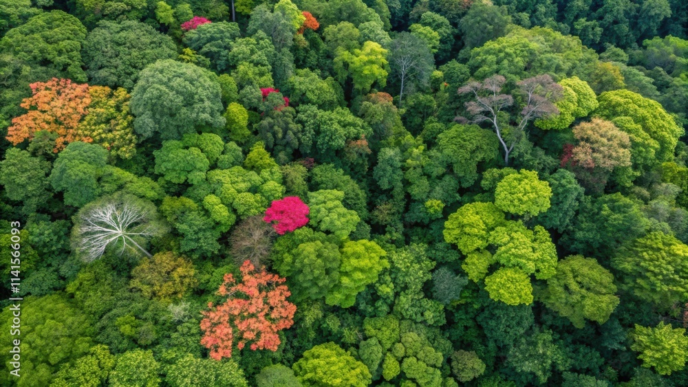 Aerial view of a dense forest canopy displaying a vibrant mix of green and colorful trees during the spring season, highlighting the beauty and diversity of nature Aerial view of a dense forest canopy displaying a vibrant mix of green and colorful trees during the spring season, highlighting the beauty and diversity of nature