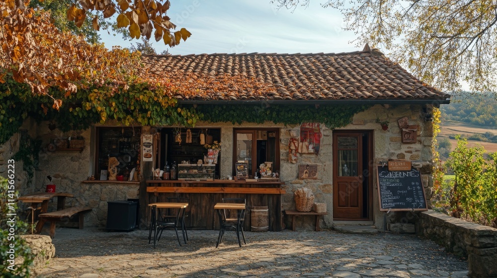 5.Charming roadside cafe in a sleepy village, set in a small stone building covered in ivy and blooming flowers; cozy interior with a wooden counter, local crafts on the walls, and warm light 5.Charming roadside cafe in a sleepy village, set in a small stone building covered in ivy and blooming flowers; cozy interior with a wooden counter, local crafts on the walls, and warm light