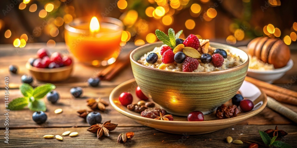 Naklejka premium Delicious Oatmeal Bowl with Nuts and Berries - Healthy Breakfast Idea with Bokeh Effect for Food Photography