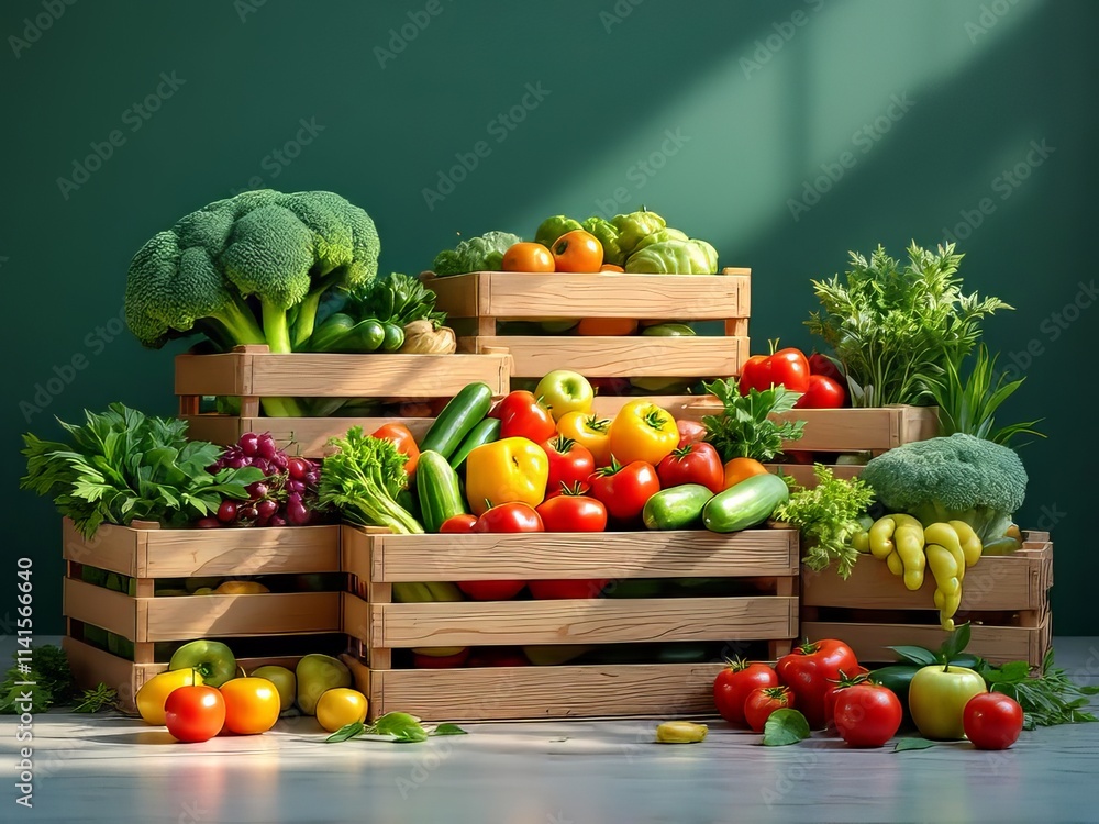 Fototapeta premium Fresh produce, artistically photographed in rustic wooden crates.