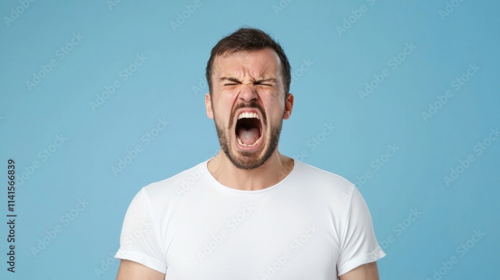 Obraz premium Frustration and resentment concept with expressive man on blue background