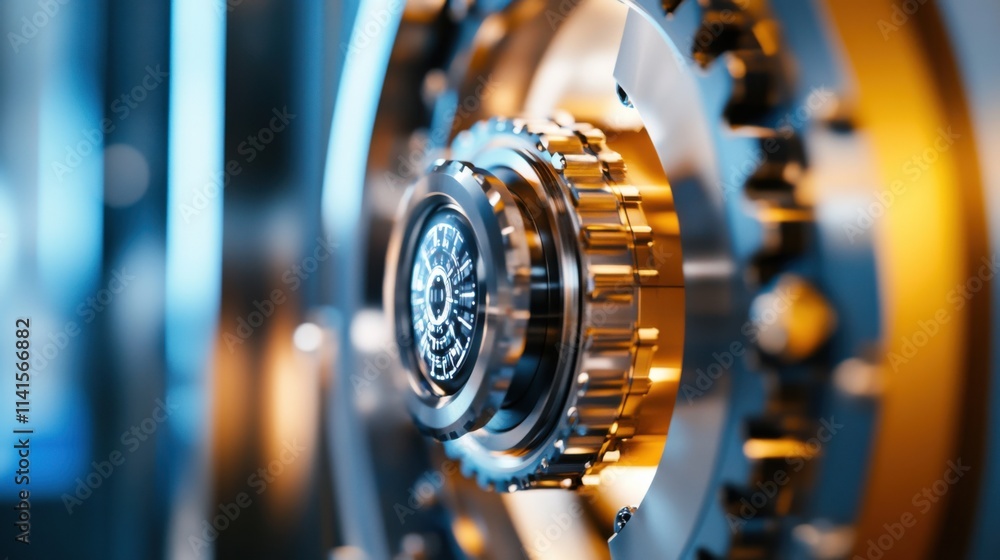 Obraz premium Futuristic bank vault door close up with digital unlock concept