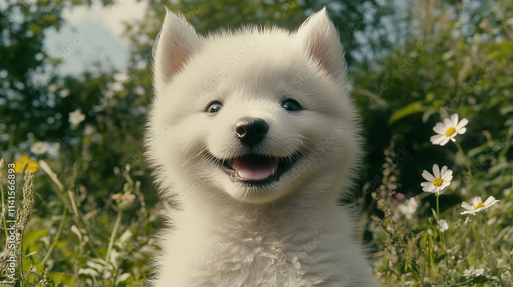 87.Close-up of a smiling Samoyed puppy with sparkling eyes and a big grin, sitting in a grassy field; the puppy’s white fur is fluffy and bright in the sunlight, with a soft breeze ruffling its fur 87.Close-up of a smiling Samoyed puppy with sparkling eyes and a big grin, sitting in a grassy field; the puppy’s white fur is fluffy and bright in the sunlight, with a soft breeze ruffling its fur