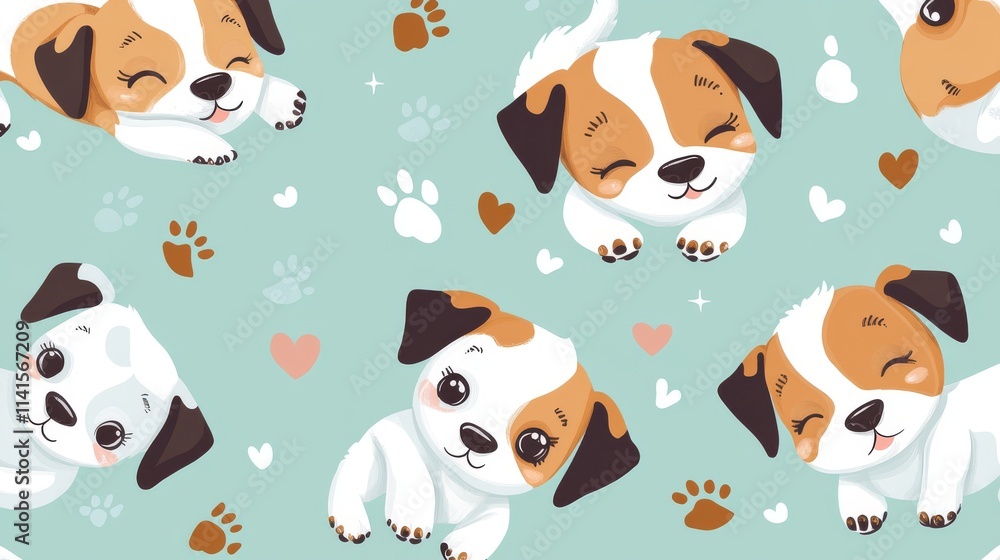 63.Cute vector seamless pattern featuring cartoon puppies with big eyes and soft fur, each in a different pose from sleeping to running; the pastel background is decorated with small paw prints and 63.Cute vector seamless pattern featuring cartoon puppies with big eyes and soft fur, each in a different pose from sleeping to running; the pastel background is decorated with small paw prints and