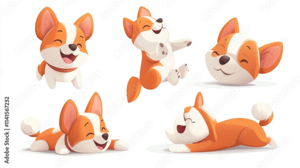 15.Illustrated vector set of cartoon corgis, each in a unique pose; one is jumping excitedly, another is sitting with a tilted head, a sleepy corgi lies down with eyes closed, and a curious one