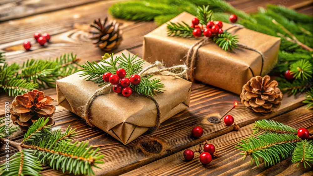 Eco-Friendly Christmas Gifts in Kraft Paper | Zero Waste Holiday Decor | Sustainable Packaging on Wooden Table | Green Christmas Concept | Eco-Conscious Gift Wrapping Ideas Eco-Friendly Christmas Gifts in Kraft Paper | Zero Waste Holiday Decor | Sustainable Packaging on Wooden Table | Green Christmas Concept | Eco-Conscious Gift Wrapping Ideas