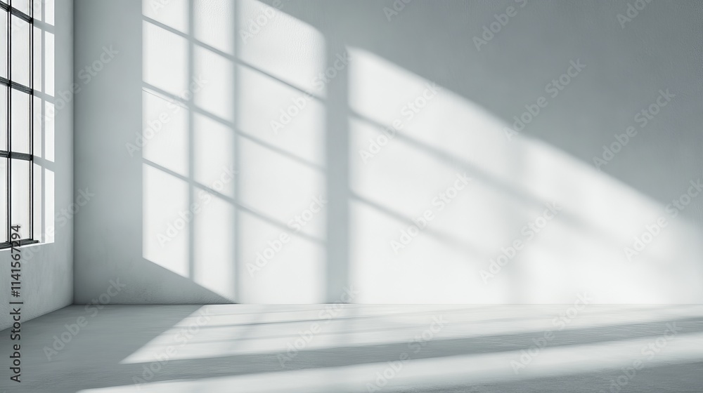 Minimalist wall interior background with white and grey tones, studio setting for product display and text insertion, featuring window shadows for natural lighting effect and presentation backdrops Minimalist wall interior background with white and grey tones, studio setting for product display and text insertion, featuring window shadows for natural lighting effect and presentation backdrops