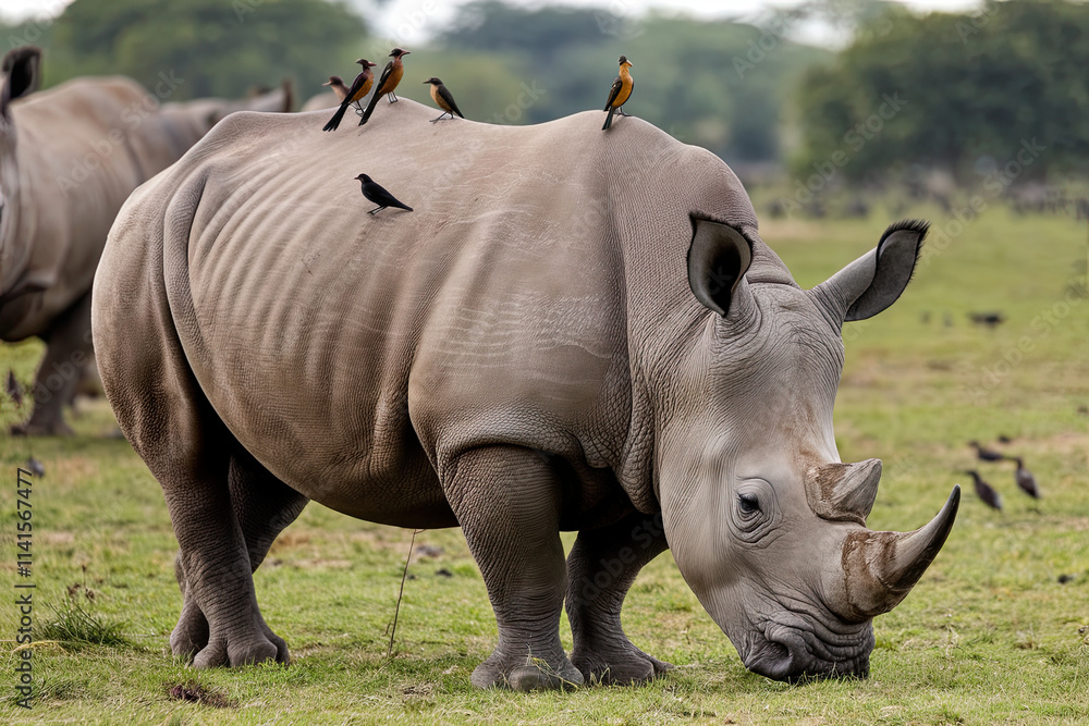 Fototapeta premium Rhinoceros grazing on the grasslands with birds on its back