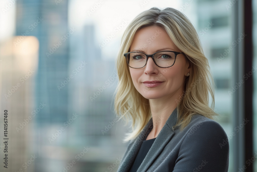 woman wearing glasses and a black jacket is standing in front of a building. She has a serious expression on her face woman wearing glasses and a black jacket is standing in front of a building. She has a serious expression on her face