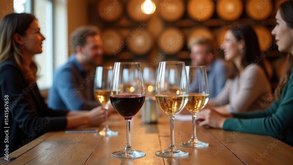 Friends Enjoying Wine Tasting at a Cozy Winery in the Evening With Wooden Barrels in the Background Friends Enjoying Wine Tasting at a Cozy Winery in the Evening With Wooden Barrels in the Background