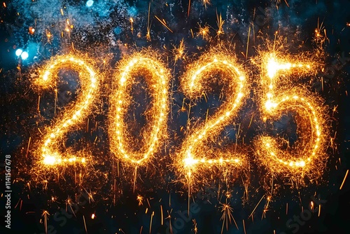 Happy New Year 2025 written with sparklers on dark blue background. photo