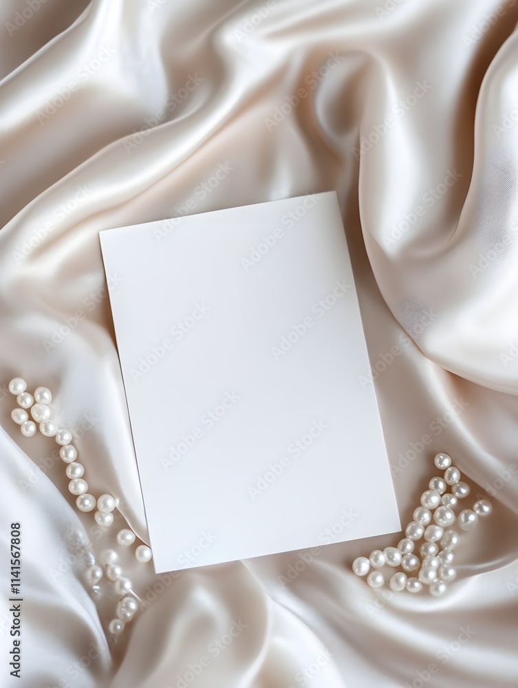 A white invitation placed on a luxurious satin fabric in soft pastel tones, with pearls scattered nearby. A white invitation placed on a luxurious satin fabric in soft pastel tones, with pearls scattered nearby.