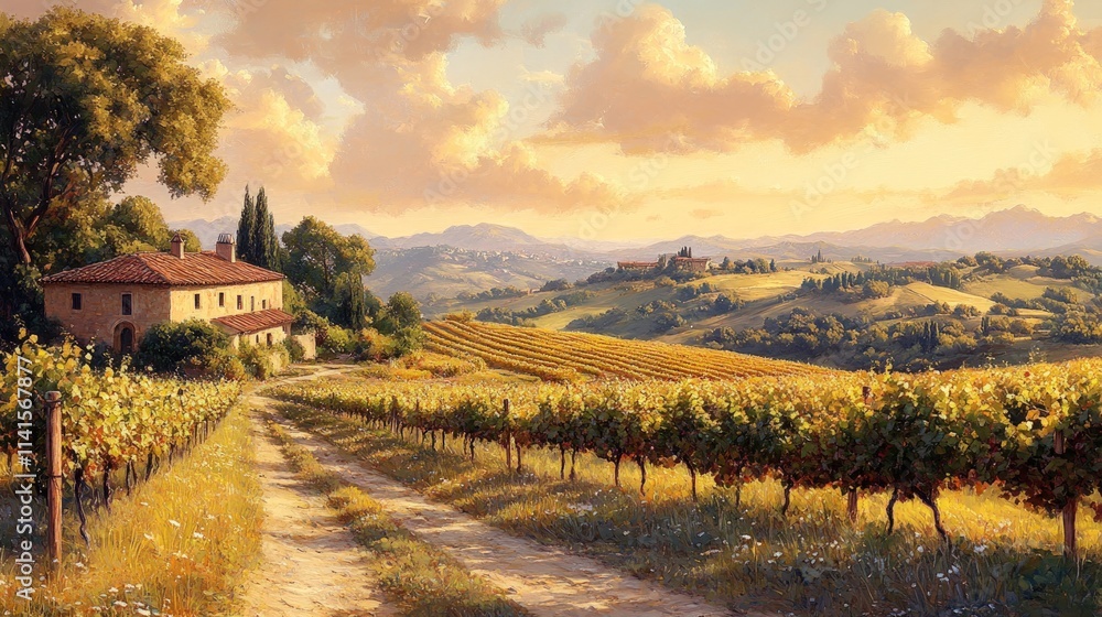 Obraz premium Tuscan countryside, vineyard, farmhouse, sunset.