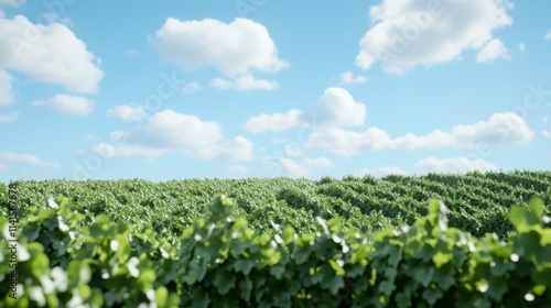 Idyllic vineyard hillside in springtime under blue sky with clouds