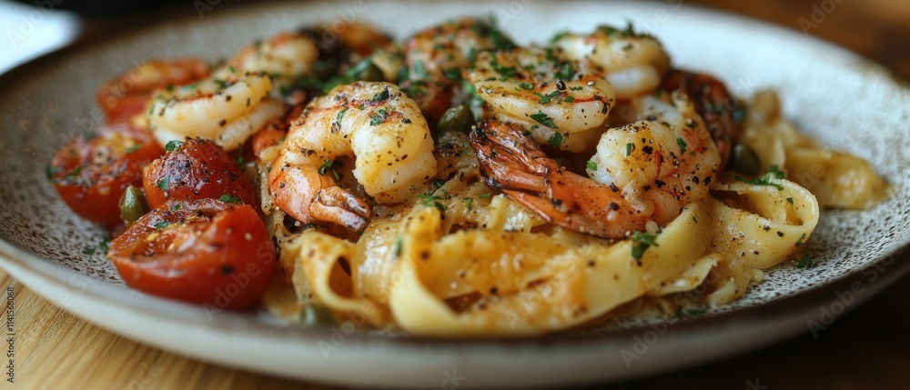 Shrimp fettuccine with cherry tomatoes and herbs Shrimp fettuccine with cherry tomatoes and herbs