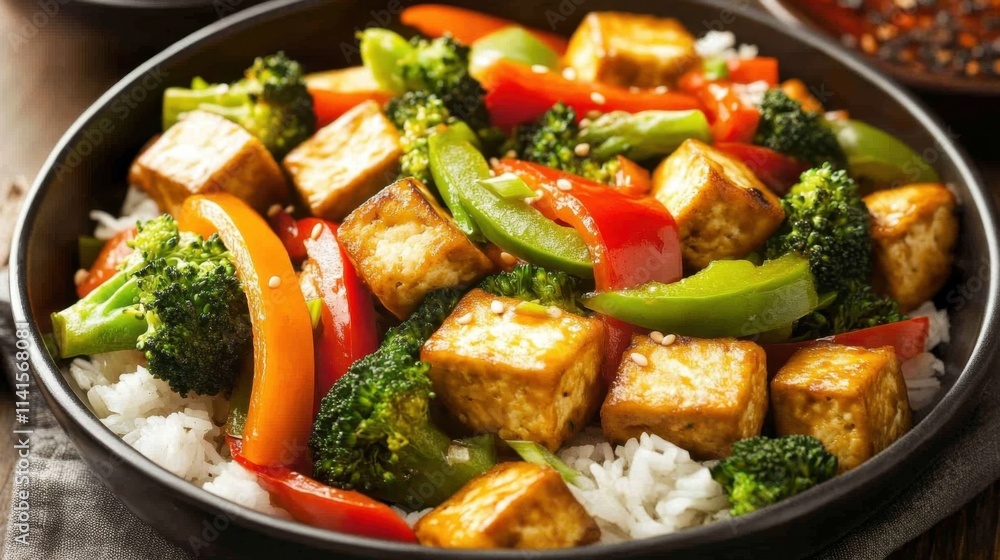 Colorful Vegetable Stir-Fry with Tofu and Rice in Black Bowl Colorful Vegetable Stir-Fry with Tofu and Rice in Black Bowl