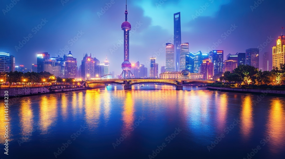 Night Cityscape with Illuminated Skyline Reflected on a River Under Bridge Night Cityscape with Illuminated Skyline Reflected on a River Under Bridge