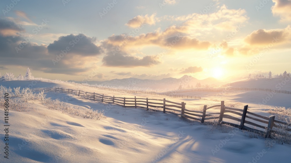 Obraz premium Serene Winter Landscape with Snowy Fields and Fencing at Sunrise