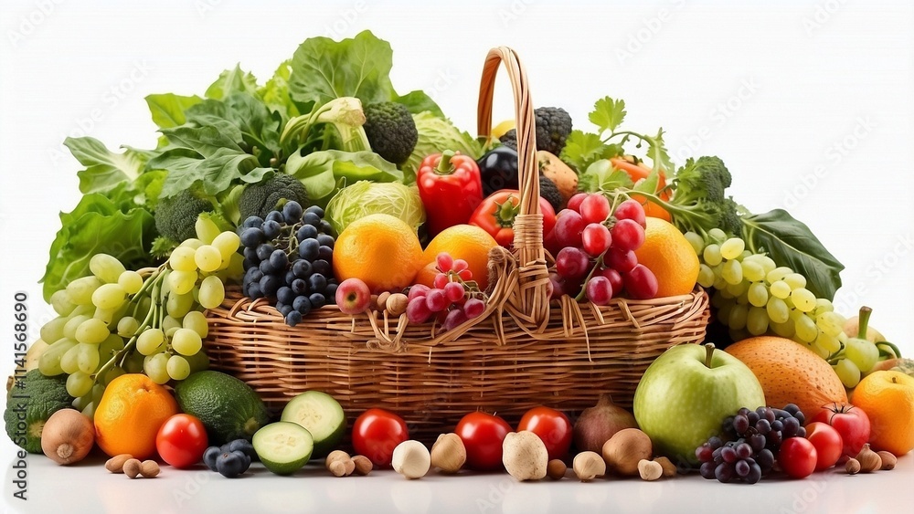 Various organic fruits and veggies in a wicker basket on a white backdrop Various organic fruits and veggies in a wicker basket on a white backdrop