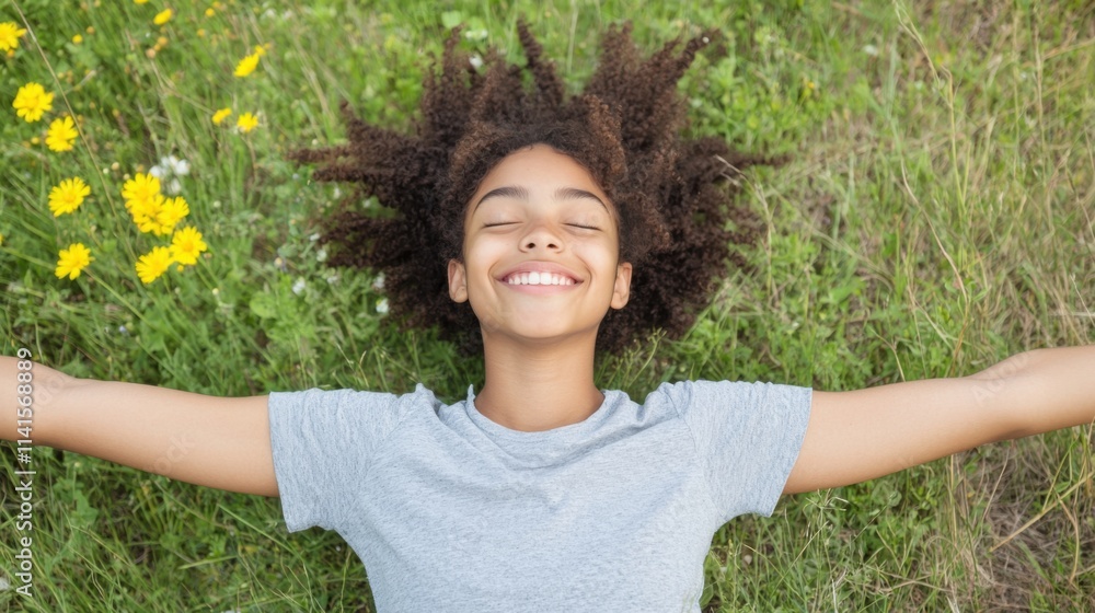 Joyful girl relaxing in a spring meadow embracing nature's bliss Joyful girl relaxing in a spring meadow embracing nature's bliss