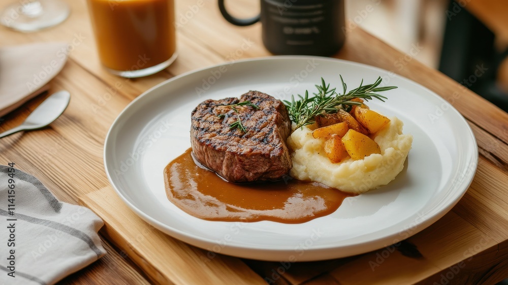 Delicious grilled steak served with creamy mashed potatoes for a perfect meal. Delicious grilled steak served with creamy mashed potatoes for a perfect meal.