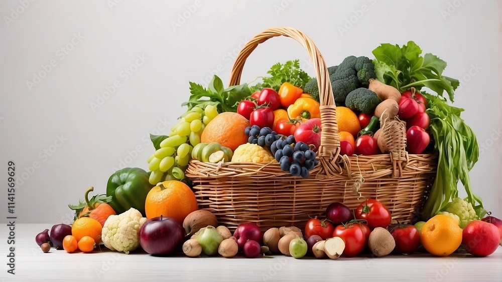 Various organic fruits and veggies in a wicker basket on a white backdrop Various organic fruits and veggies in a wicker basket on a white backdrop
