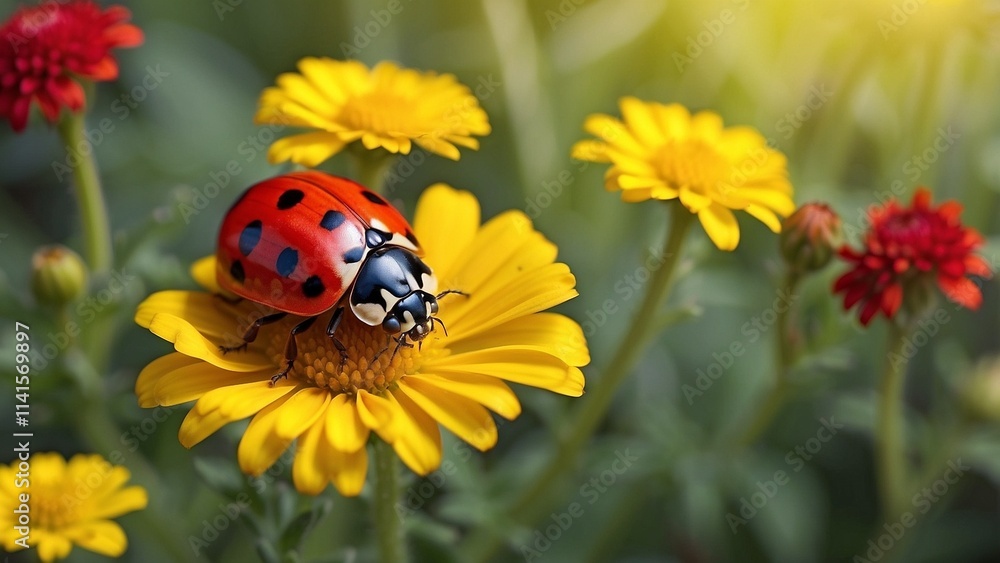 A red ladybug perched atop a yellow chamomile flower in a garden during the spring A red ladybug perched atop a yellow chamomile flower in a garden during the spring