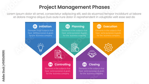5 phase project management infographic template banner with badge arrow box shape structure up and down with 5 point list information for slide presentation