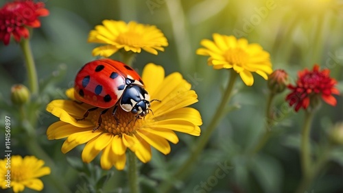 A red ladybug perched atop a yellow chamomile flower in a garden during the spring