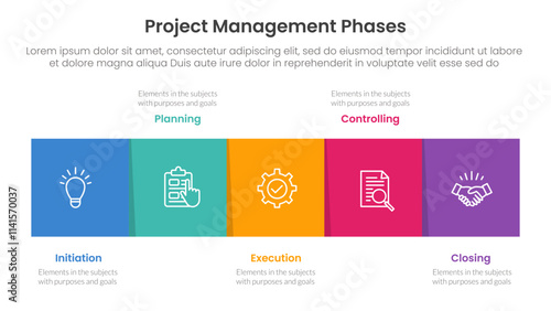 5 phase project management infographic template banner with square box horizontal right direction with 5 point list information for slide presentation