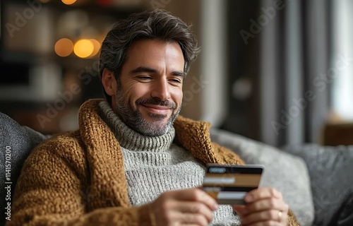 Smiling young man holding credit card while sitting on sofa at home. photo