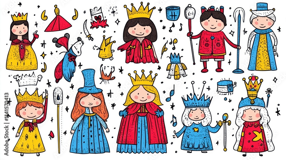 A vibrant collection of playful royal characters featuring crowns, colorful outfits, and joyful expressions. A vibrant collection of playful royal characters featuring crowns, colorful outfits, and joyful expressions.