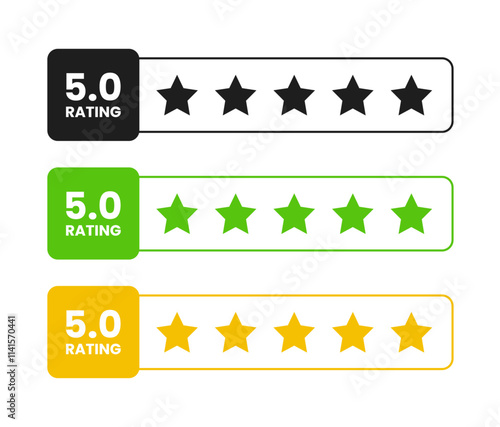 5 star rating in gold green and black color isolated. Stars in modern simple flat style vector