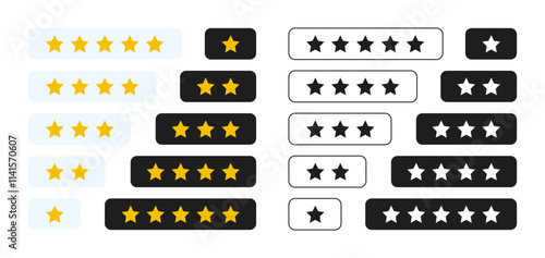 1 to 5 star rating in gold and black color isolated. Stars in modern simple flat style vector