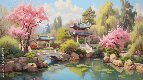 Chinese garden in the spring. An impressionist oil painting. Horizontal arrangement