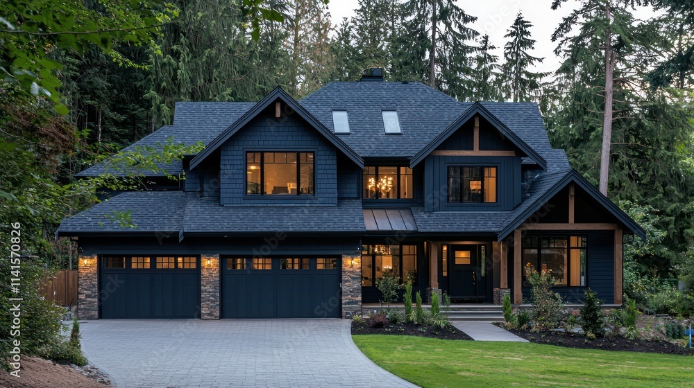 Large navy blue house with a gable roof, two stories, and spacious garage and driveway.