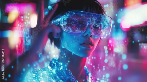 Wallpaper Mural Woman in futuristic eyewear, neon city background. Torontodigital.ca