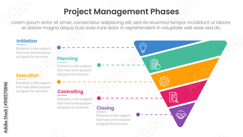 5 phase project management infographic template banner with funnel cutted or sliced shape with 5 point list information for slide presentation