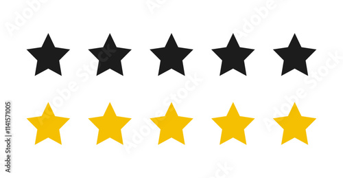 5 star rating in gold and black color isolated. Stars in modern simple flat style vector