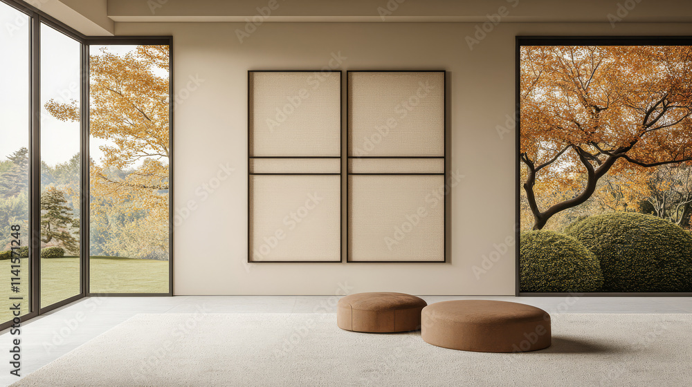 Fototapeta premium Modern interior design featuring minimalist furniture and autumn scenery