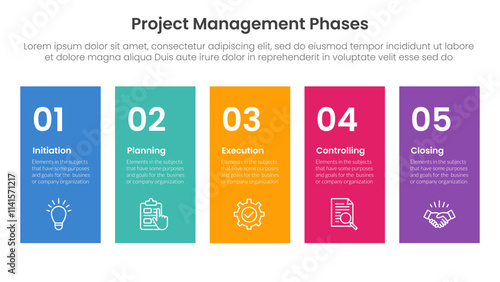 5 phase project management infographic template banner with height rectangle shape balance with 5 point list information for slide presentation