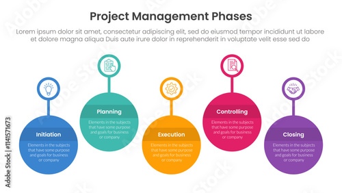 5 phase project management infographic template banner with timeline big circle outline badge up and down with 5 point list information for slide presentation