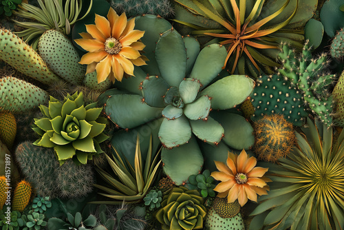 A botanical collage of desert plants and cacti, featuring species like Agave, Golden Barrel Cactus, and small succulents.  photo