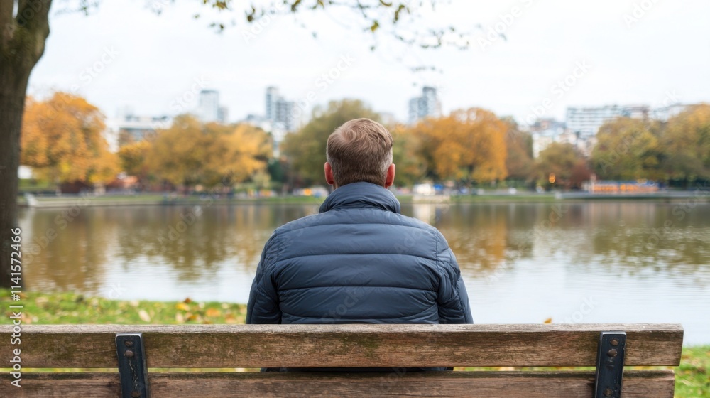 Reflective moment by the lake in autumn cityscape Reflective moment by the lake in autumn cityscape